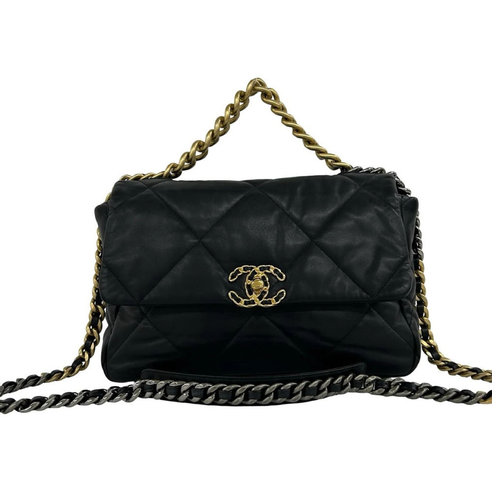 CHANEL Chanel 19 Coco Mark Lambskin Chain Shoulder Bag Handbag Black 701-4